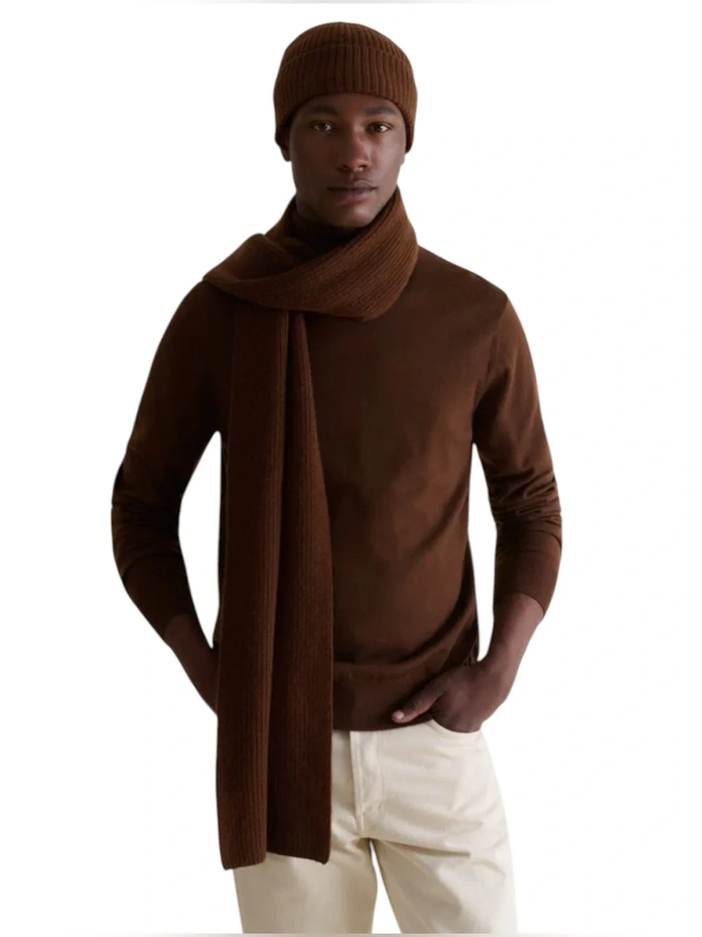 NWT Rise & Fall Men’s Cozy Oversized Ribbed Merino Wool Cashmere Scarf Brown